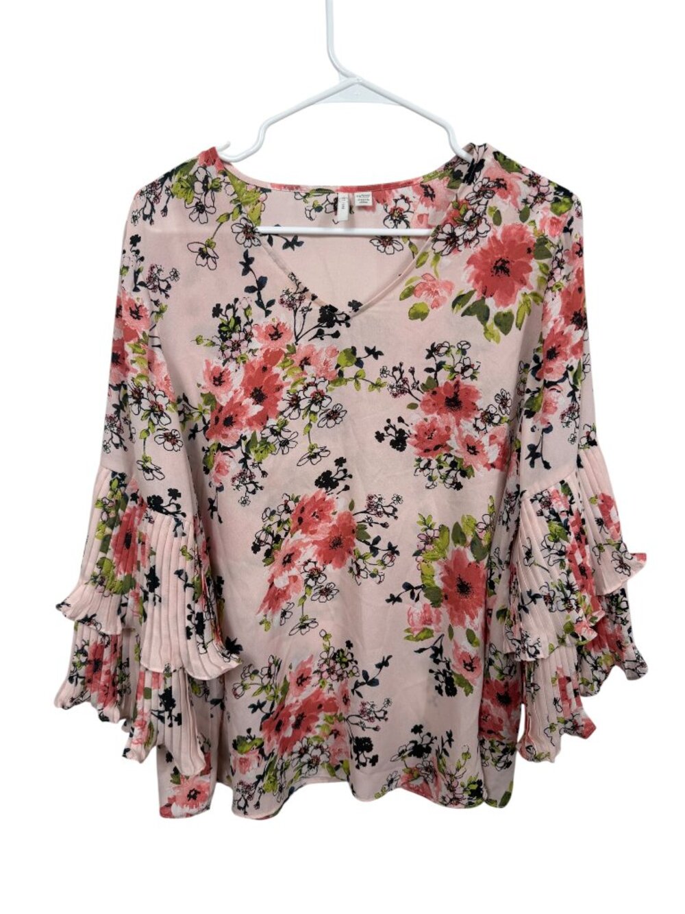 Cato Top Blouse Womens 14 / 16W Pink Floral Business Casual Pleated Bell Sleeve
